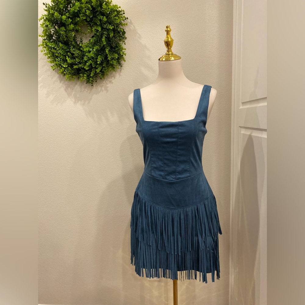 Blue Fringe Suede Mini Dress - Women's
